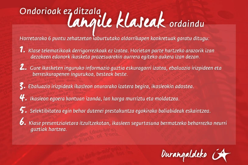 Durangaldeko IAk aldarrikapen zerrenda bat aurkeztu du 13 ikastetxetako 500 ikasle baino gehiagok erantzundako inkesta batean oinarrituta