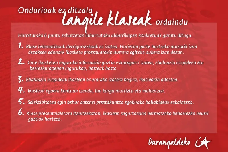 Durangaldeko IAk aldarrikapen zerrenda bat aurkeztu du 13 ikastetxetako 500 ikasle baino gehiagok erantzundako inkesta batean oinarrituta